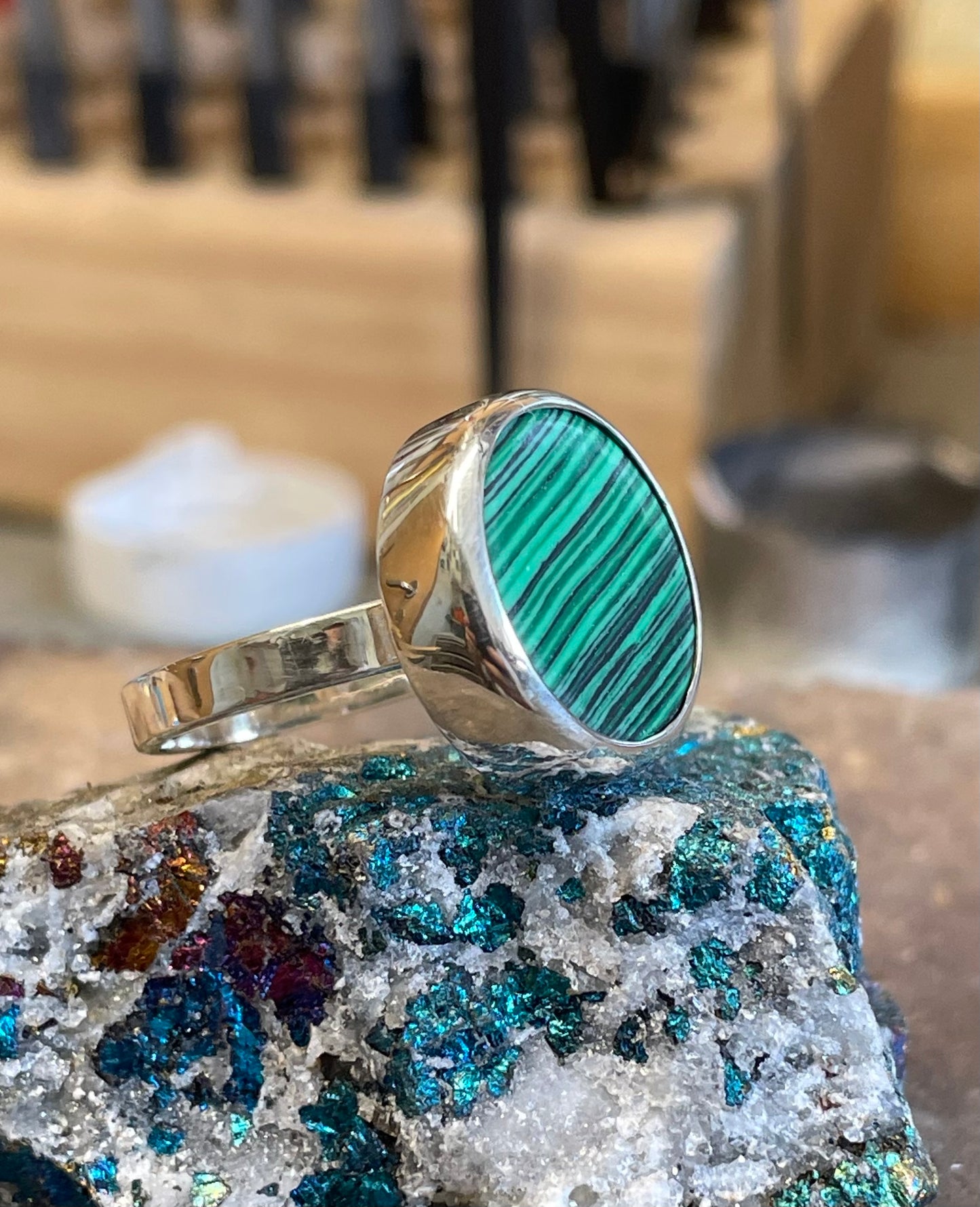 Malachite Stone in a Sterling Silver Ring
