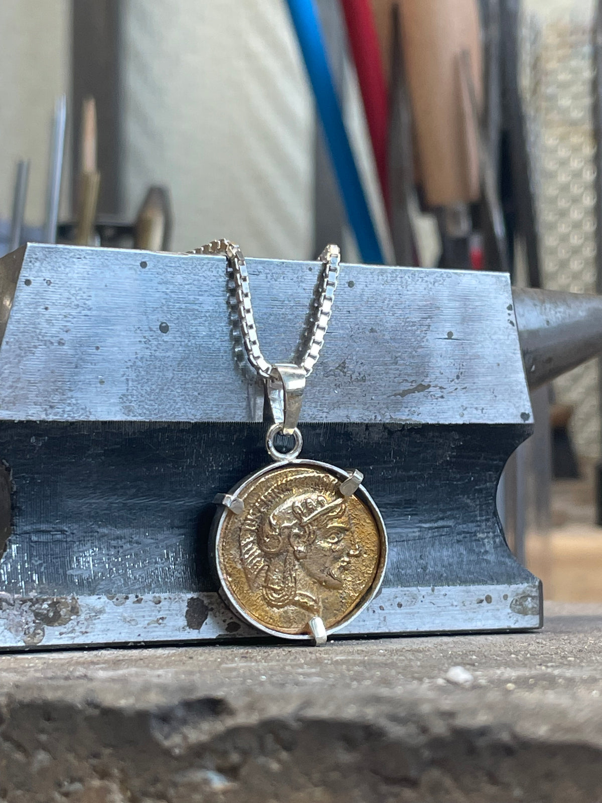 Pendant The Athenian Owl Tetradrachm coin. Sterling Silver and Bronze.