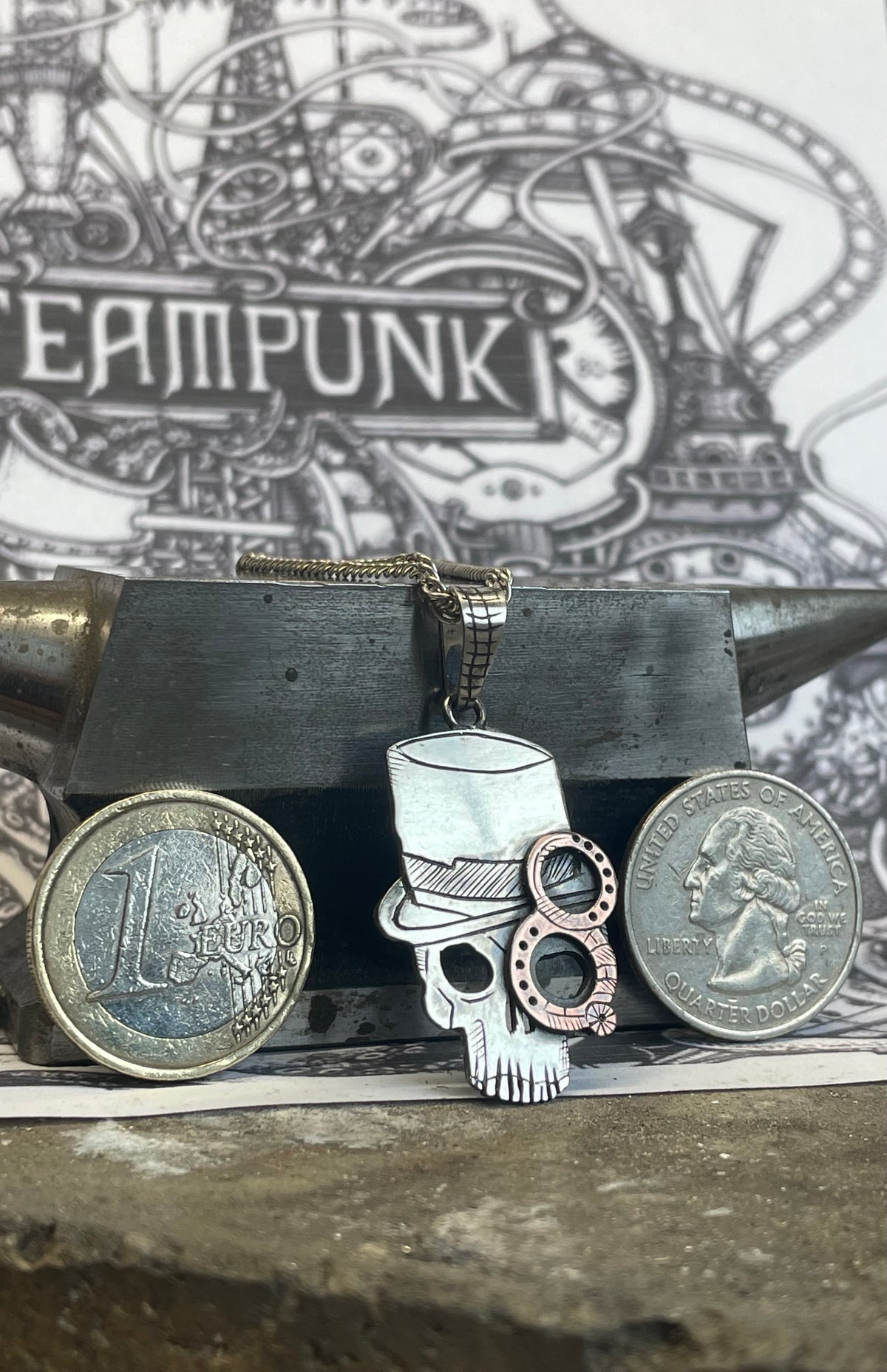 Steampunk Skull Pendant. Sterling Silver (925) and Copper.