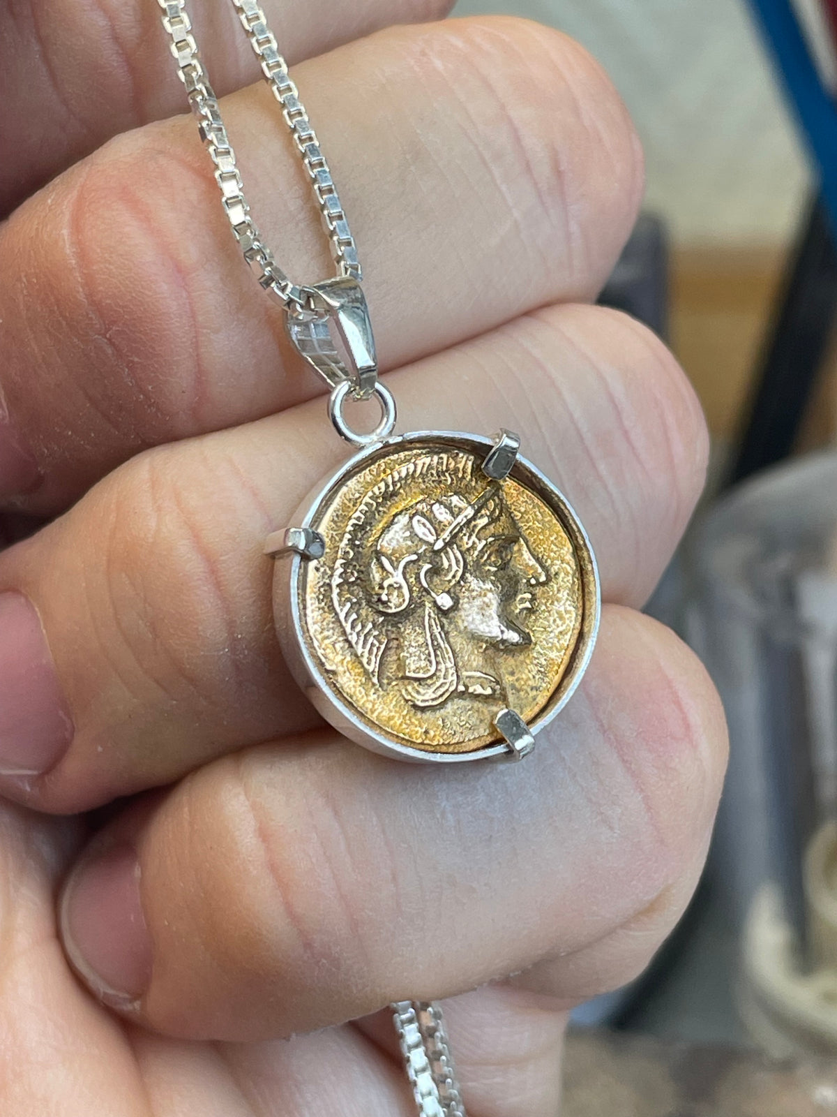 Pendant The Athenian Owl Tetradrachm coin. Sterling Silver and Bronze.