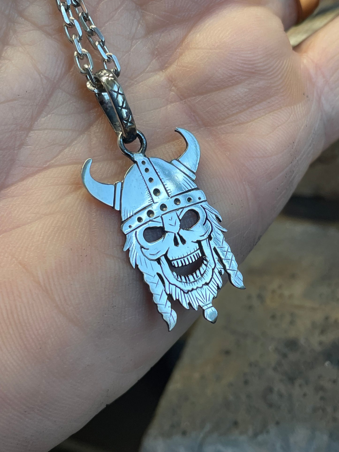 Viking Skull Pendant. Sterling Silver.