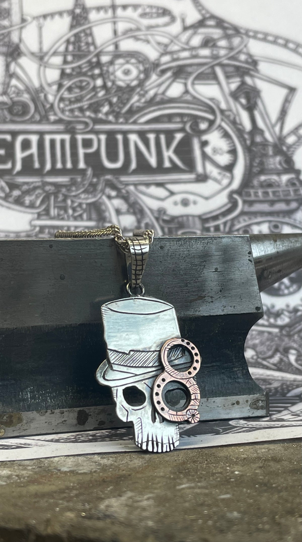 Steampunk Skull Pendant. Sterling Silver (925) and Copper.