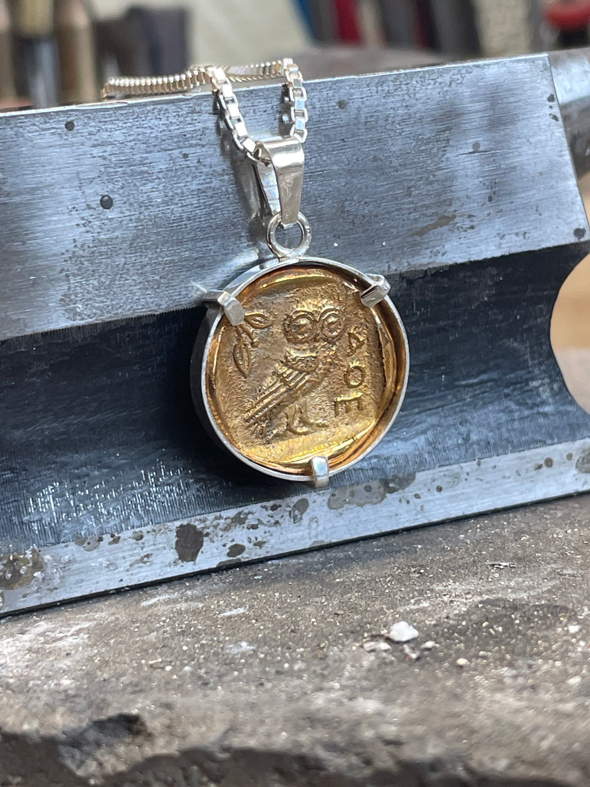 Pendant The Athenian Owl Tetradrachm coin. Sterling Silver and Bronze.