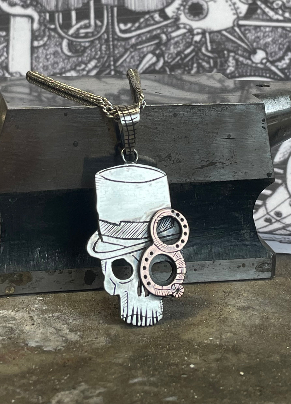 Steampunk Skull Pendant. Sterling Silver (925) and Copper.