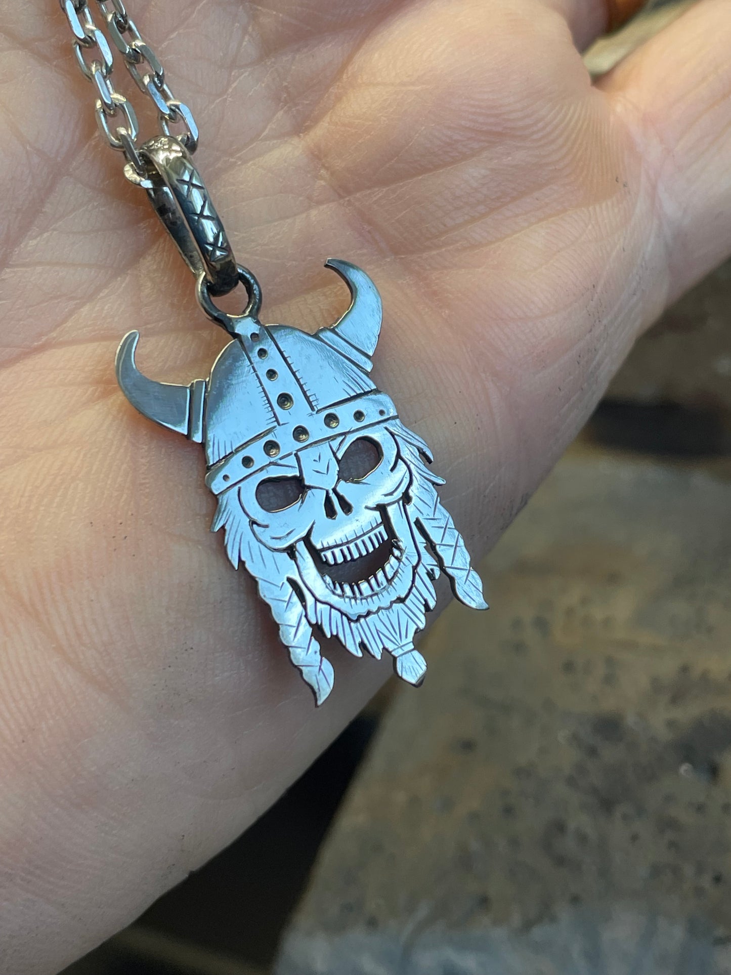Viking Skull Pendant. Sterling Silver.