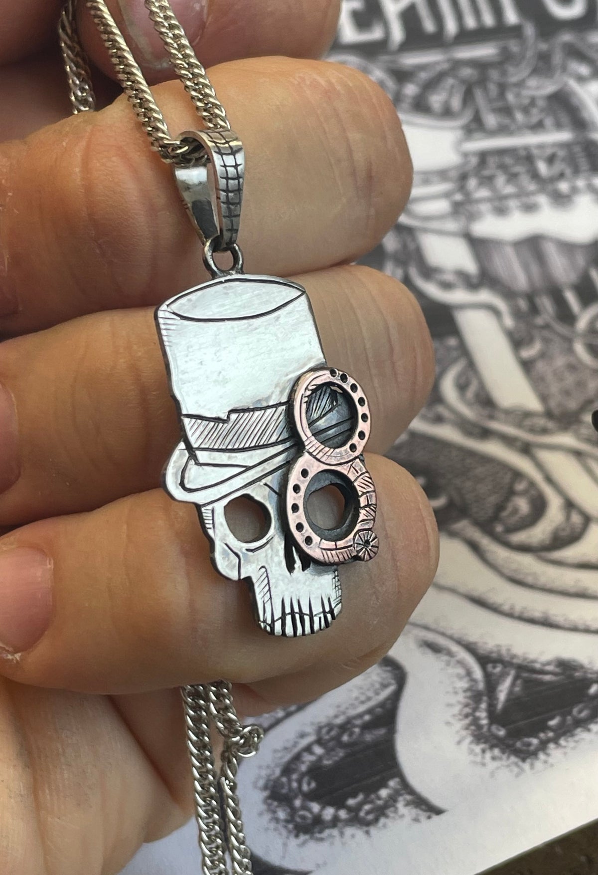 Steampunk Skull Pendant. Sterling Silver (925) and Copper.