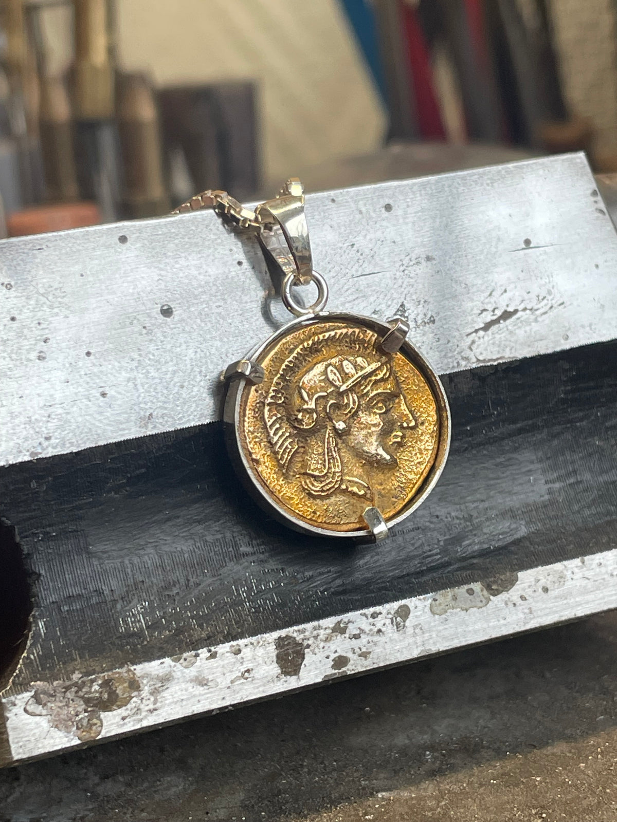 Pendant The Athenian Owl Tetradrachm coin. Sterling Silver and Bronze.