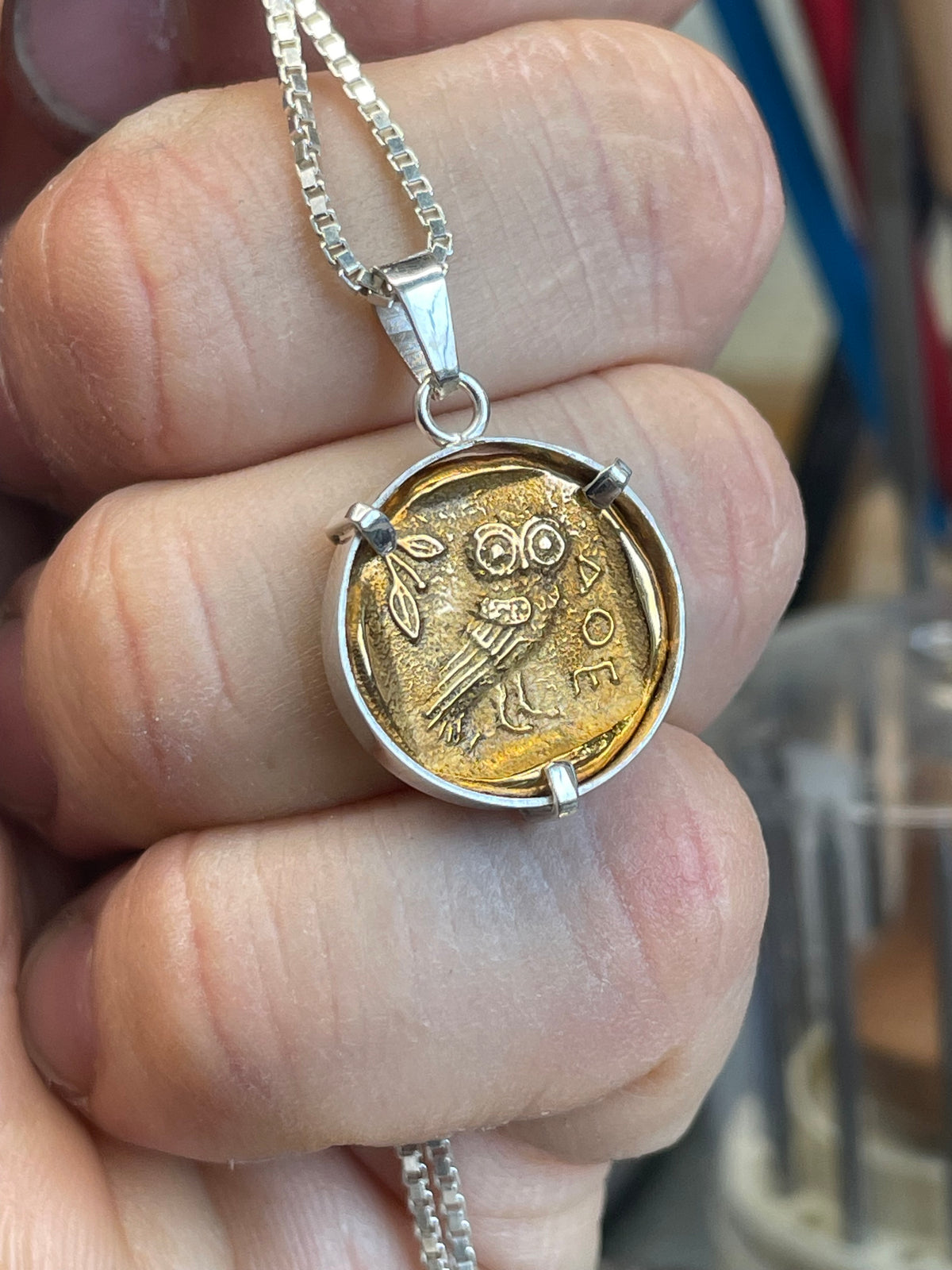 Pendant The Athenian Owl Tetradrachm coin. Sterling Silver and Bronze.