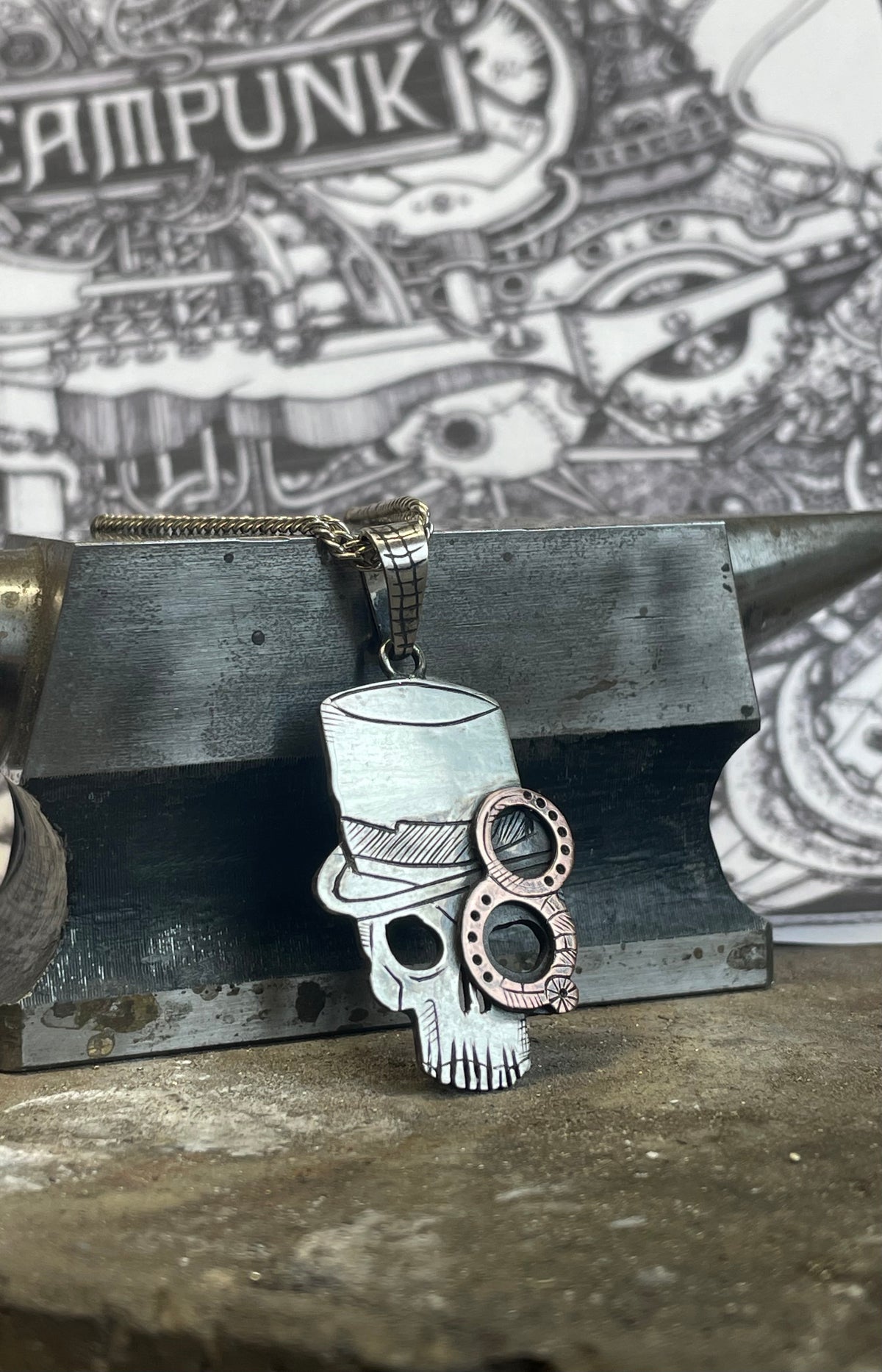 Steampunk Skull Pendant. Sterling Silver (925) and Copper.