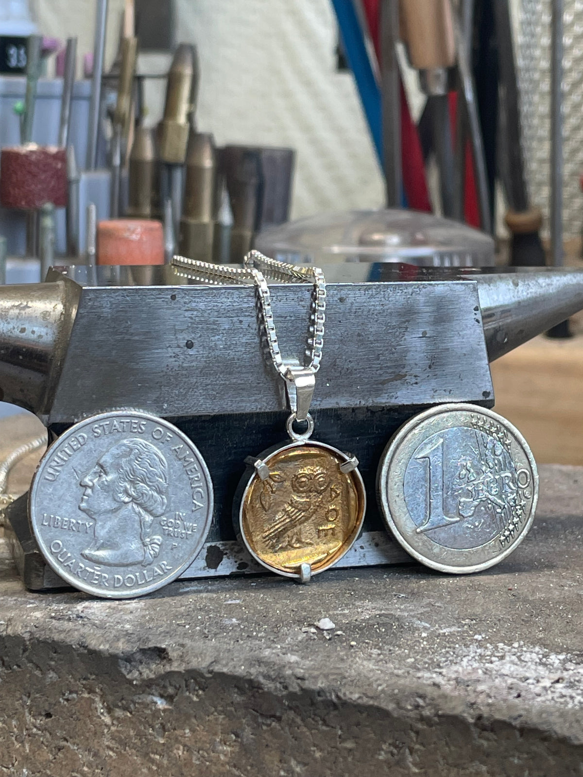 Pendant The Athenian Owl Tetradrachm coin. Sterling Silver and Bronze.