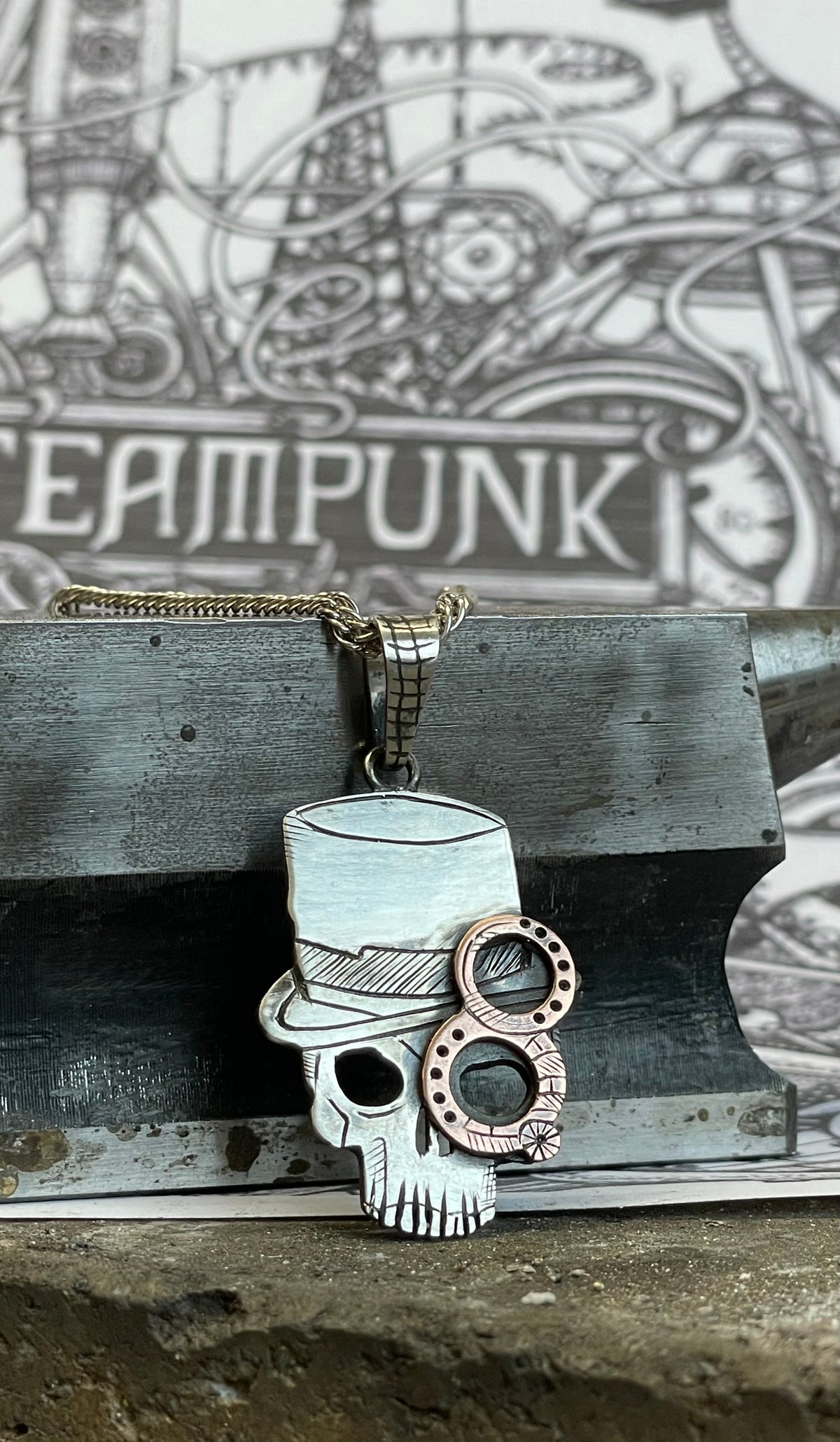 Steampunk Skull Pendant. Sterling Silver (925) and Copper.
